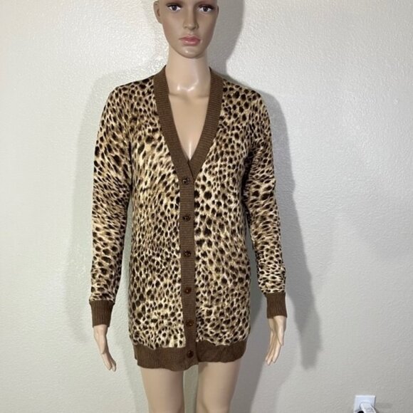 J. McLaughlin Cashmere Brown Animal Print Button Cardigan Sweater Small S - Picture 1 of 6